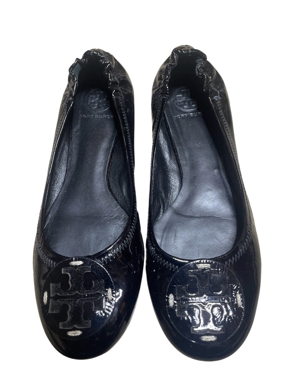 Tory Burch Reva Black Patent Leather Logo Ballet Flats size 8.5